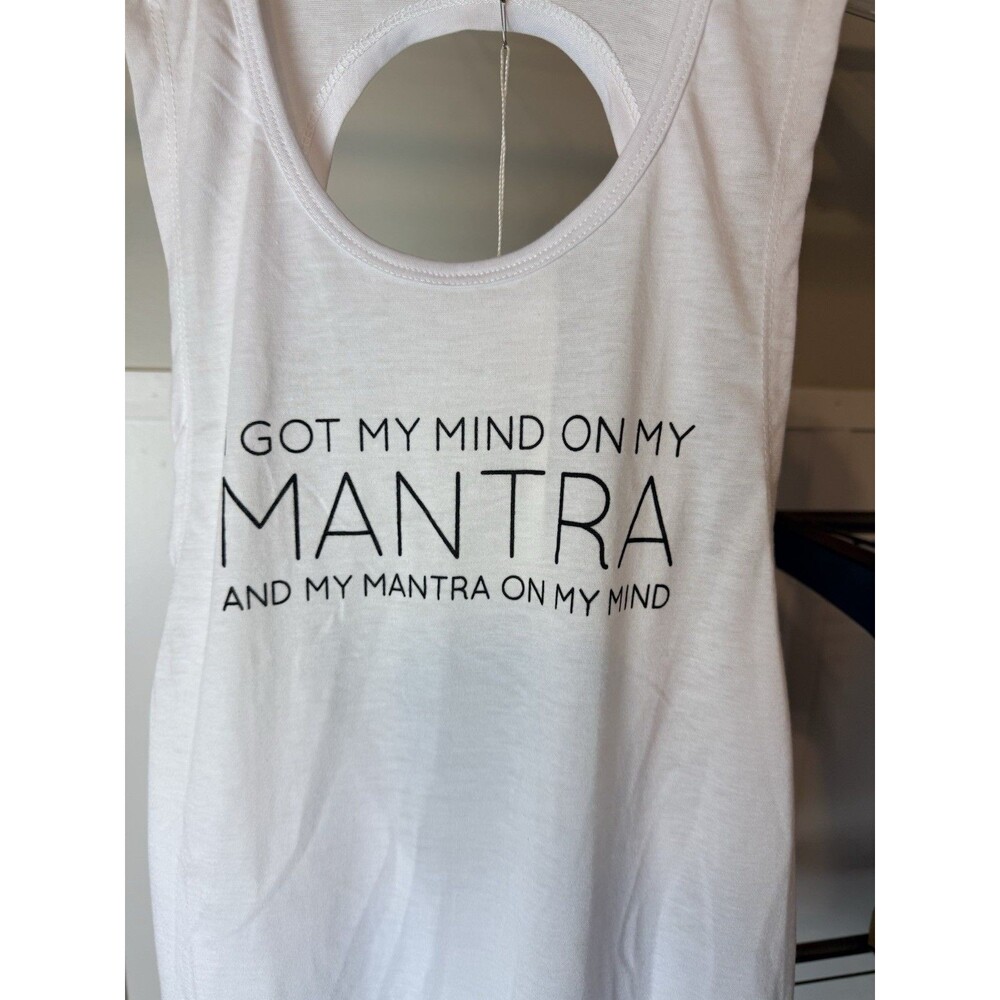 The Free Yoga White Mantra Graphic Racerback Tank Top L Stretch Quick Dry